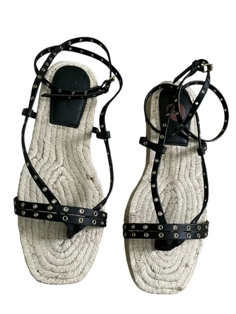Madewell Mira Espadrille Thong Sandal Ankle Wrap Grommet Leather Black SZ 8 NWOT